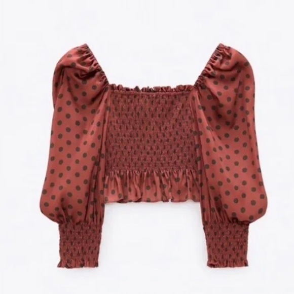 NWT Zara Satin Burgundy Red & Green Polka Dot Smocked Puff Sleeve Top in size M - Picture 4 of 10